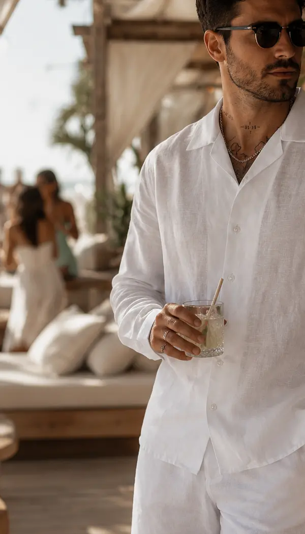 Man wearing white linen resortwear at a beach club